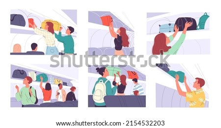 Passengers in the cabin prepare for the flight, take their seats, place their hand luggage