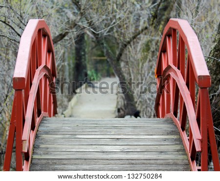 horizontal orientation of bright red foot bridge with shallow depth of field and walking path beyond with  copy space included / Invitation to the Path Beyond