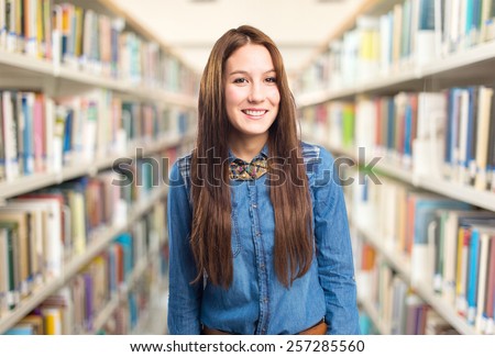 Trend young woman looking confident. Over library background