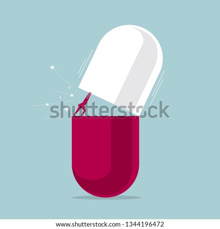 A huge capsule pill was opened by a businessman. Isolated on blue background.