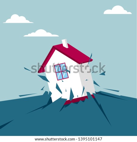 The villa broke through the ground. Isolated on blue background.