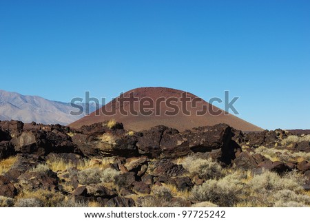 Volcanic rocks and round top mountain near South Haiwee Reservoir, California