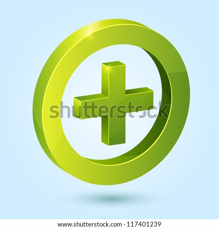 Green plus symbol isolated on blue background. This vector icon is fully editable.