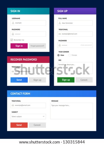 Minimalist user interfaces in metro style. Registration, recover password, sign in and contact form.