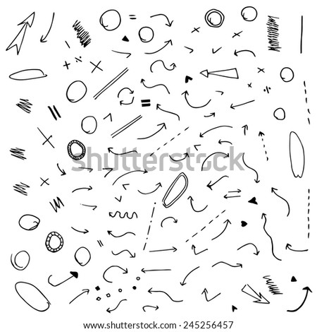 Hand drawn doodle arrows set isolated on white background. Vector image.