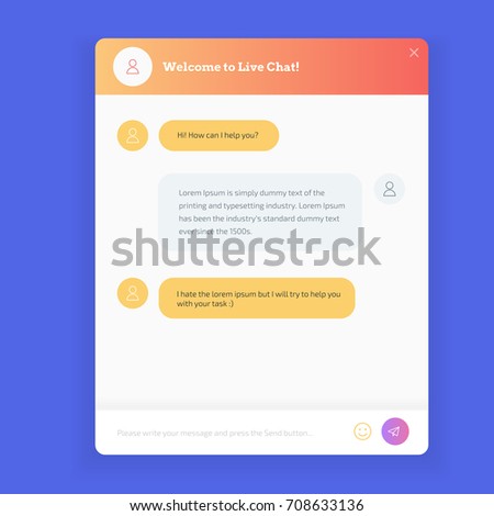 Live chat window to obtain live support on website. Live chat window to obtain answers to user questions. Modern colors UI mobile design.