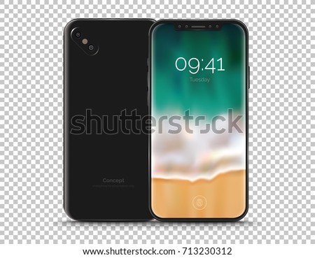Realistic conceptual smart phone with a bezel-less screen. Mock-up illustration for presentation mobile app designs. High-quality and detailed vector illustration isolated on white background.