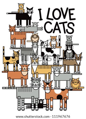 I Love Cats illustration of a group of cute cats performing a balancing act,
