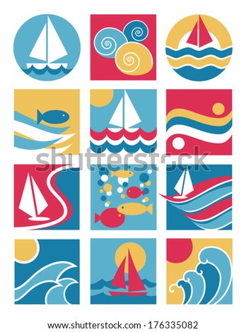 Water Icons collection of nine vector designs relating to water, sailing and fishing.