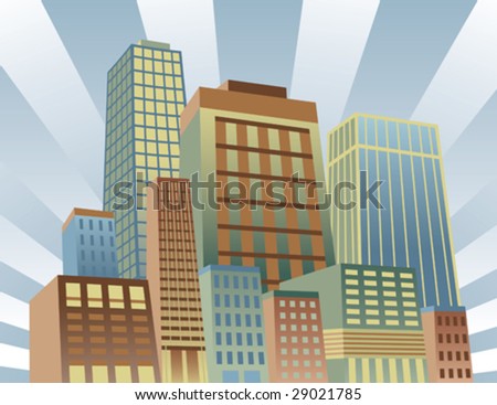 Illustration of a modern cityscape. Buildings are grouped. Background is on separate layer.