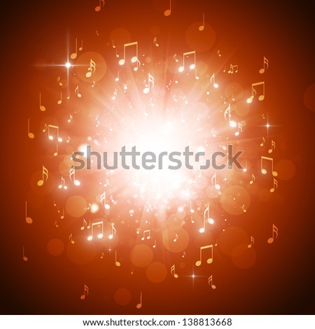 music notes explosion in the dark with lights and bokeh background