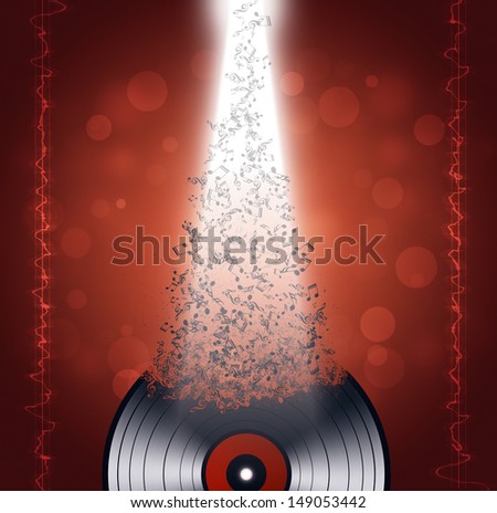 music vinyl background with music waves and notes