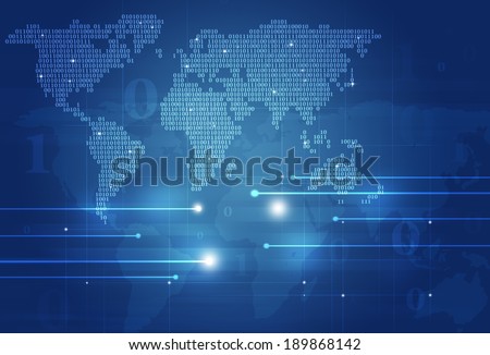 abstract technology binary code world map on dark blue background