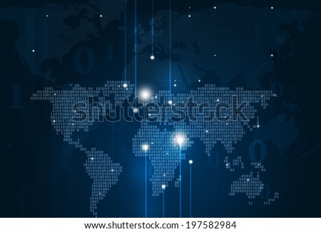 abstract technology binary code world map on dark blue background