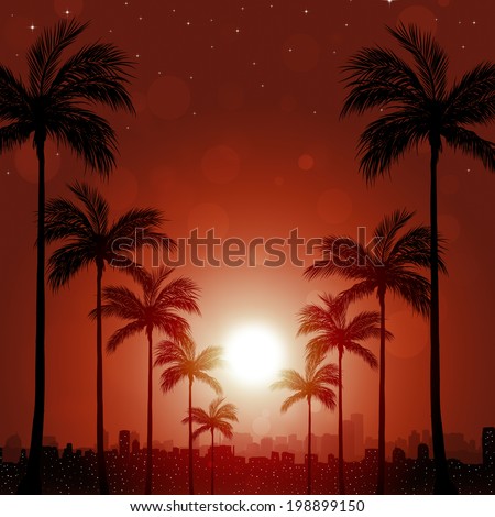 tropical night city background with pacific palms and blurry lights