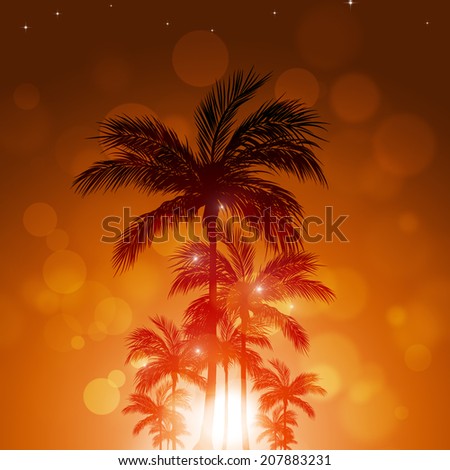abstract summer red background with palms and bokeh lights