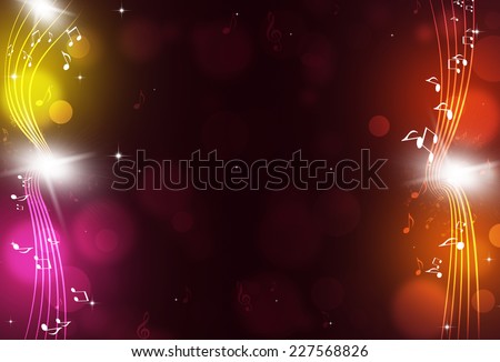 music notes and blurry lights on bright multicolor background