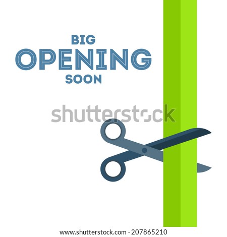 Scissors cut the green ribbon vector poster with text Ã?Â«Big opening soonÃ?Â» from the left