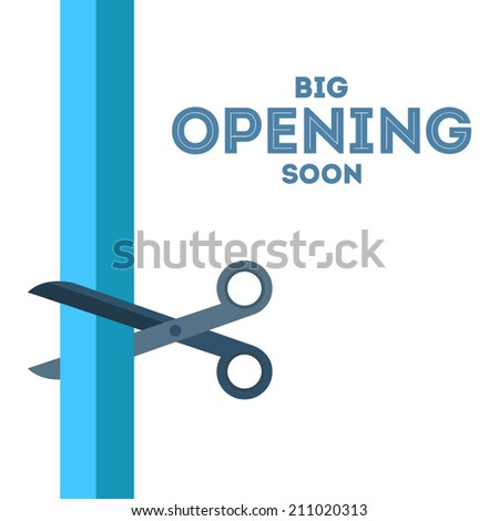 Scissors cut the blue ribbon vector poster with text Ã?Â«Big opening soonÃ?Â» from the right