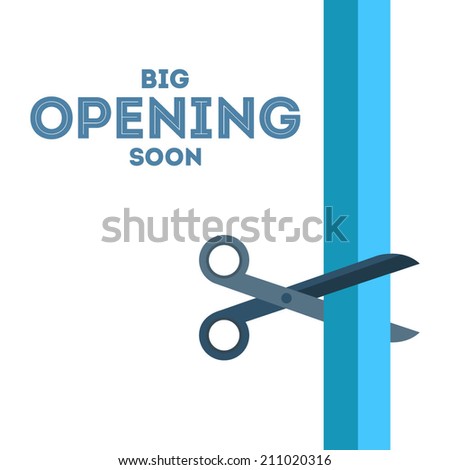 Scissors cut the blue ribbon vector poster with text Ã?Â«Big opening soonÃ?Â» from the left