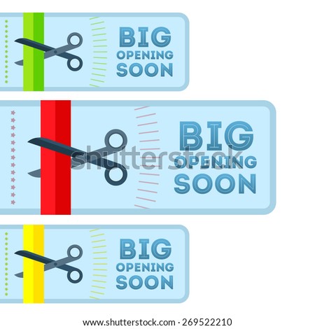Announcement postcards Ã?Â«Big opening soonÃ?Â» with scissors cutting color badge left oriented