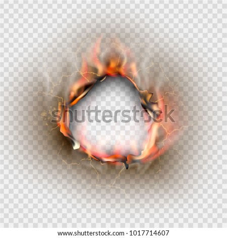 Hole torn in ripped paper with burnt and flame on transparent background