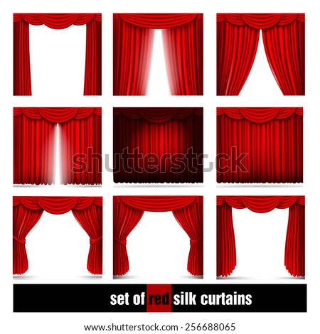 vector set of red silk curtains with light and shadows of the open and closed
