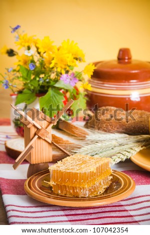 Still life with honeycombs, flowers and pot