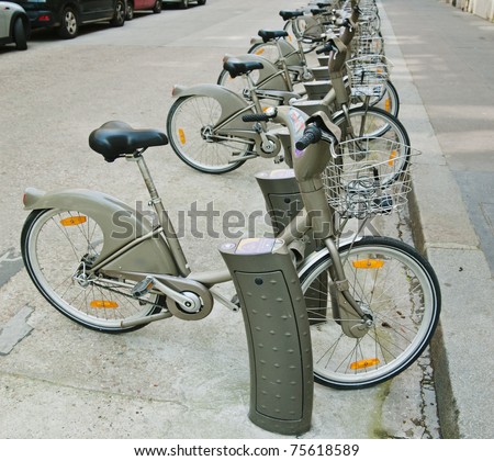 Shot of parked bicycles from the public bike system in Paris. An example of a clean transportation solution