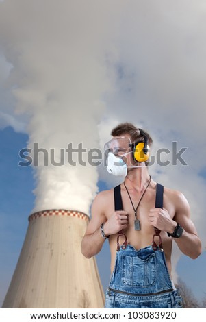 man in a respirator - pollution of the environment, ecology.