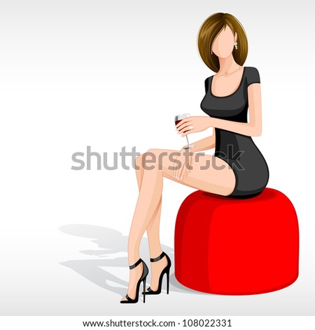 Editable Vector Illustration Of Pretty Woman Sitting On Sofa With Wine ...