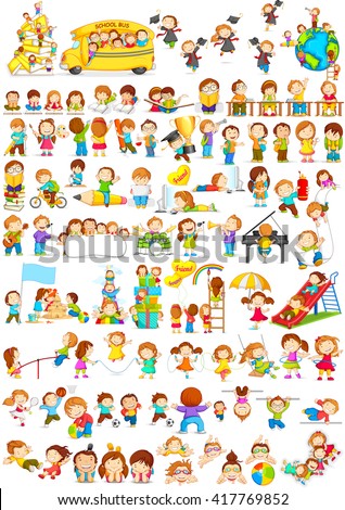 vector illustration of children doing different fun activities liking painting,studying,sports and music