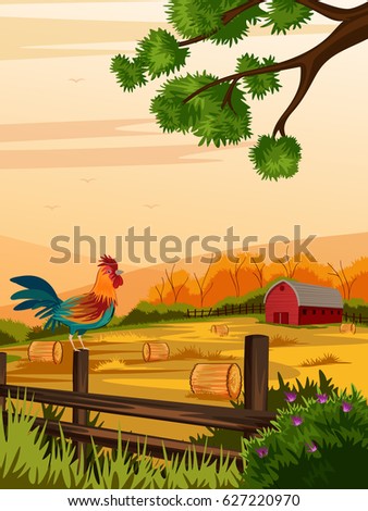 vector illustration of rural farm landscape with cock