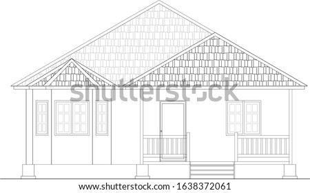 2D CAD drawing of single storey medium size house front elevation. The house floor was designed raise up from the ground. Drawing in black and white. 
 ストックフォト © 