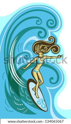 Girl surfing on the wave