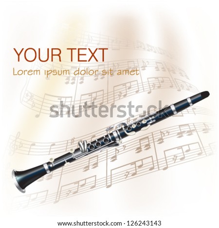 Classical clarinet, isolated on white background with musical notes