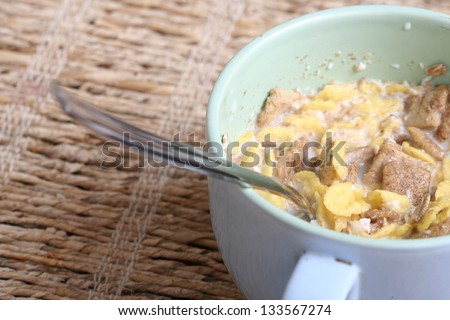 Crunchy breakfast cereals  in a blue bowl with a spoon .