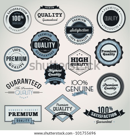 Collection of Premium Quality and Guarantee labels and badges