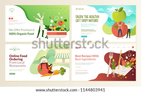 Set of web page design templates for organic food and drink, natural products, restaurant, online food ordering, recipes. Vector illustration concepts for website and mobile website development.