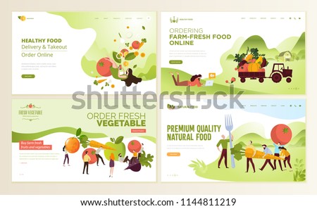 Set of web page design templates for farm fresh food, online food ordering, organic vegetable, e-commerce. Vector illustration concepts for website and mobile website development. 