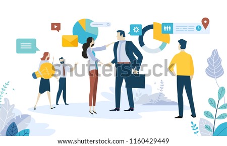 Vector illustration concept of social media, networking, online communication, seo, internet advertising, market research, data analysis, business strategy, consulting. 