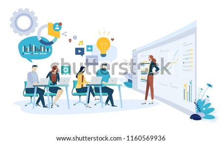 Vector illustration concept of brainstorming, research and development department. Creative flat design for web banner, marketing material, business presentation, online advertising.