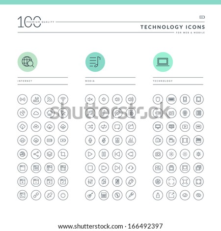 Set of technology icons for web and mobile. Icons for internet, media and technology.    