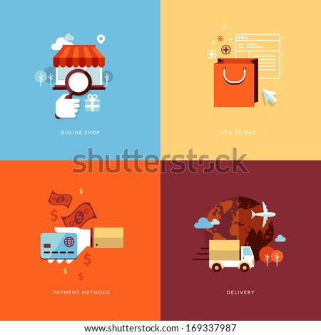 Set of flat design concept icons for online shopping. Icons for online shop, add to bag, payment methods and delivery.