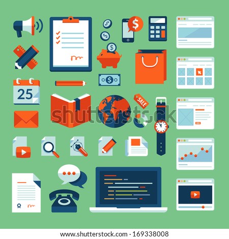 Flat design vector illustration concept icons set of business working elements for web design, e-commerce, mobile app, digital marketing, programming, seo, office, communication, finance.