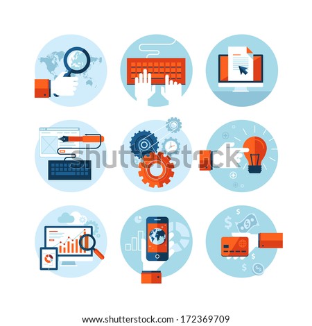 Set of modern flat design icons on the topic of web design development, web page programming, website SEO optimization, smartphone app development, web analytic, online banking and shopping app.