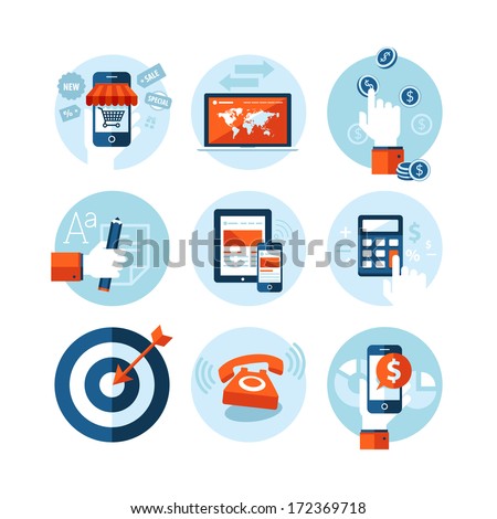 Set of modern flat design icons on e-commerce theme. Icons for online shopping, internet marketing, refferal marketing, computer and mobile phone apps, finance, planning, strategy and advertising.