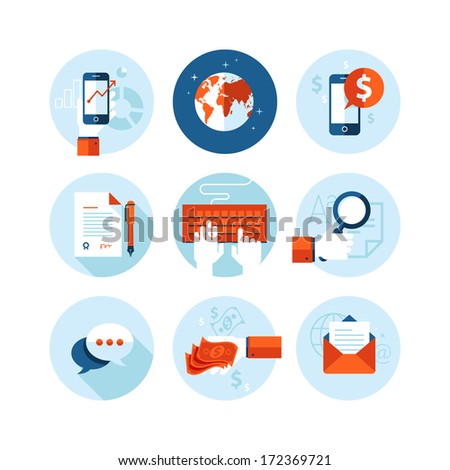 Set of modern flat design icons on business and finance theme. Icons for mobile phone business app, e-commerce, contract, internet marketing, market research, banking and money transfer, communication