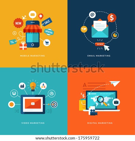 Set of flat design concept icons for web and mobile phone services and apps. Icons for mobile marketing, email marketing, video marketing and digital marketing.