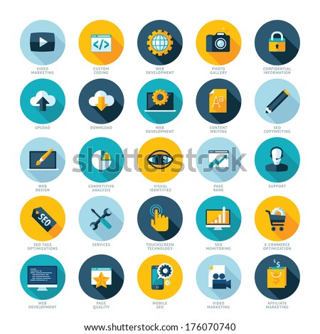 Set of flat design icons for Web design development, SEO and Internet marketing 